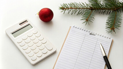 calculator, notepad, and red Christmas ornament on white surface, surrounded by pine branches, creating festive atmosphere for planning