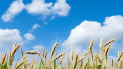 Fototapeta premium Golden Wheat Stalks Swaying in a Blue Sky with White Clouds