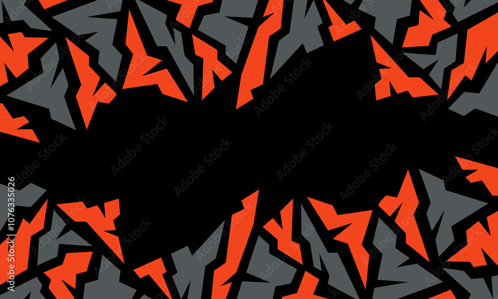 Poster dynamic abstract background with sharp, jagged shapes in orange and gray against a black backdrop.
