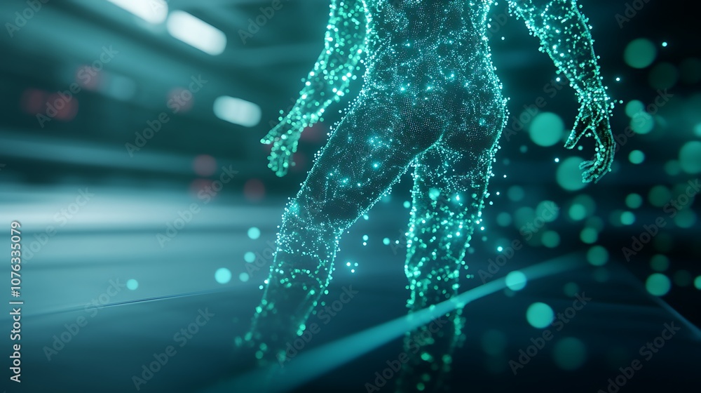 Poster a digital figure composed of glowing particles represents advanced technology and futuristic concept