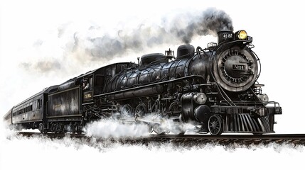 Naklejka premium Vintage steam locomotive illustration with steam rising, isolated on a white background.