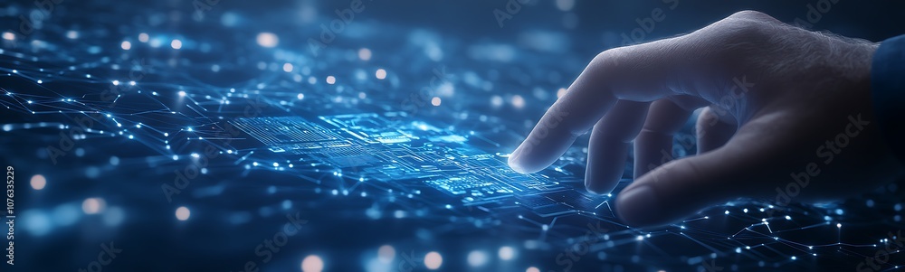Poster a hand hovers over a digital interface full of glowing blue data points, symbolizing technology, int