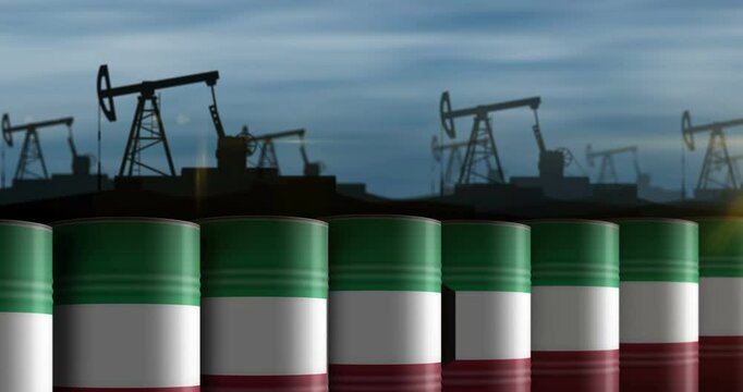 Kuwait oil business and fuel extraction barrels in row seamless and loopable concept. Kuwaiti petrol industrial containers.