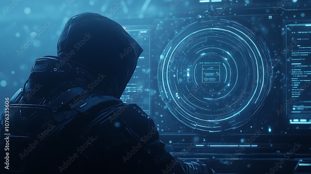Aufkleber a figure in a hooded garment interacts with a futuristic holographic interface, immersed in a digita