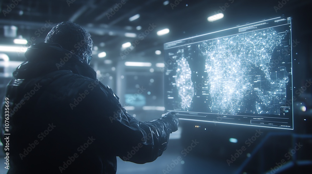 Poster A futuristic scene featuring a figure interacting with a holographic display of a digital world map in a high-tech environment.