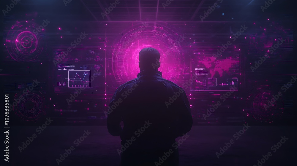 Poster a figure stands silhouetted against vibrant, abstract digital displays, creating a futuristic and te