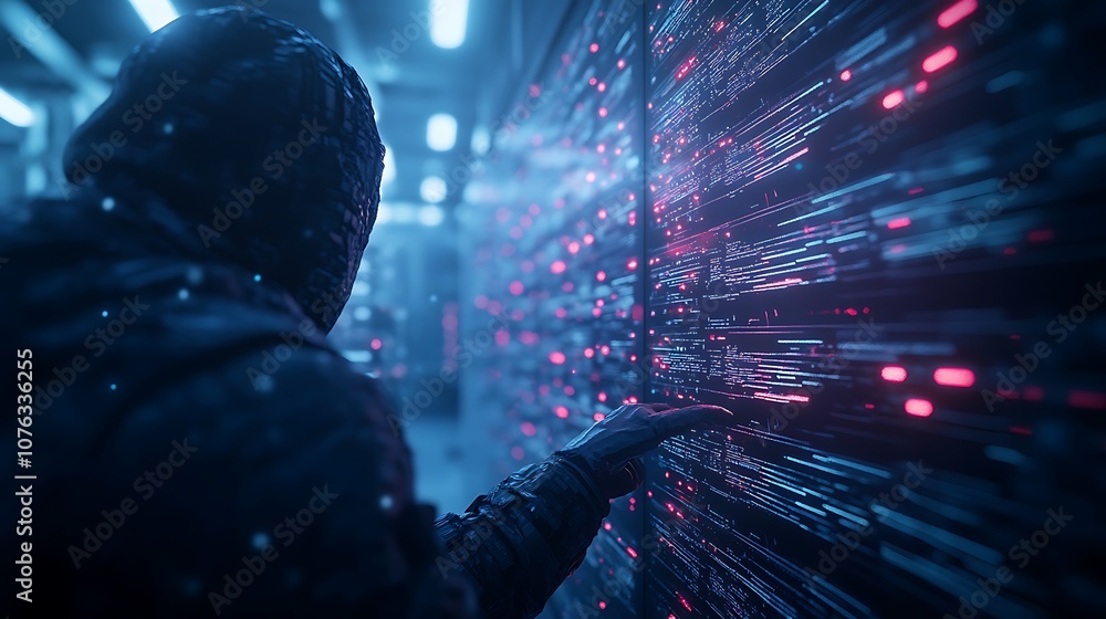 Poster A mysterious figure interacts with glowing data streams in a high-tech environment, evoking themes of hacking and cybersecurity.