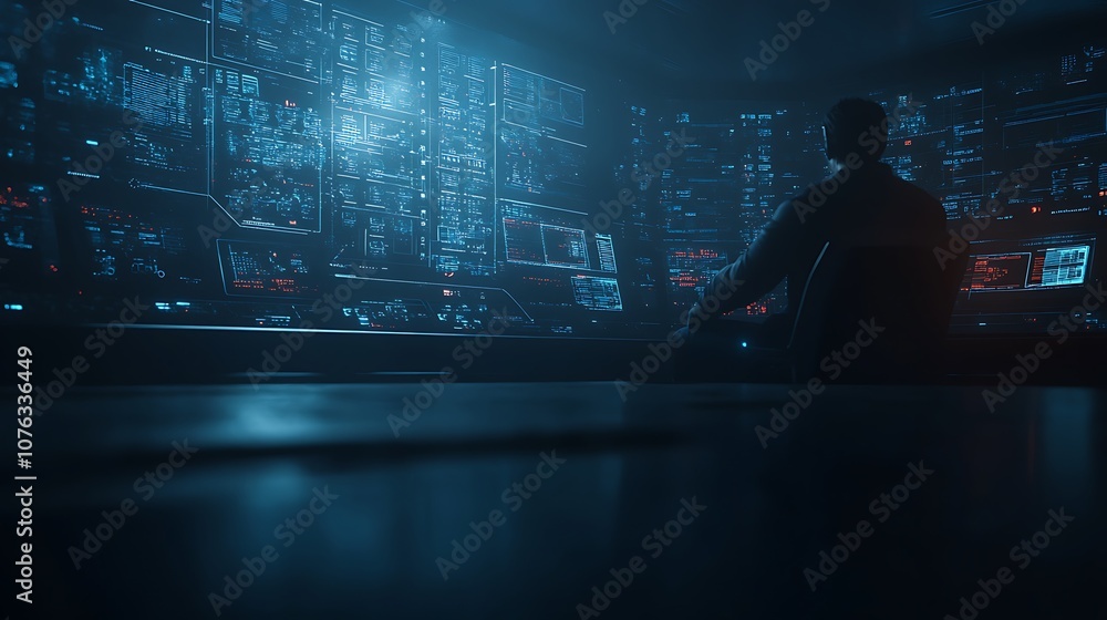 Aufkleber A solitary figure observes a vibrant display of data and analytics, immersed in a futuristic digital environment.