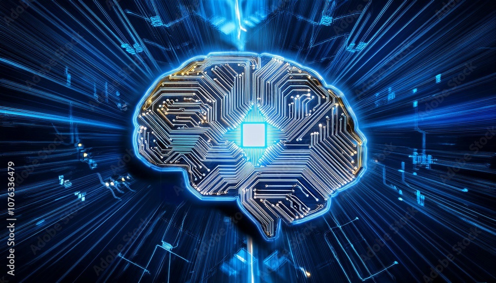 Poster intricate circuit board with illuminated brain symbol representing artificial intelligence technolog