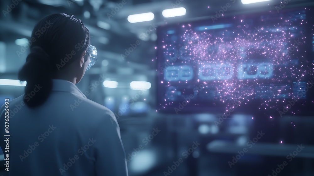 Aufkleber A scientist observes a holographic interface displaying vibrant data and cosmic visuals in a futuristic lab setting.