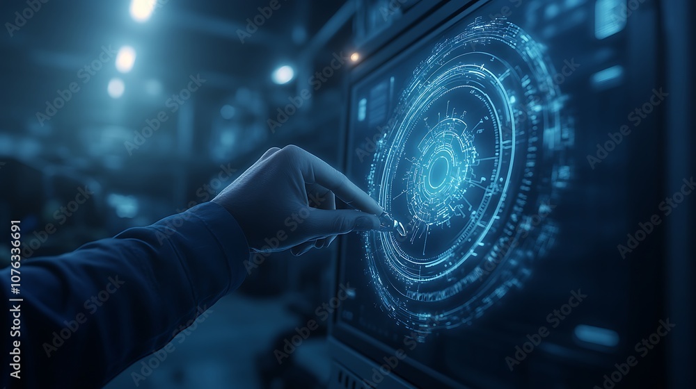 Poster A hand interacts with a glowing digital display, showcasing intricate blue patterns, suggesting advanced technology and data visualization.