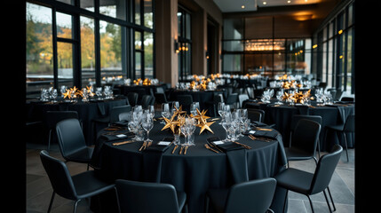 Elegant banquet hall setup with round tables covered in black cloth, adorned with gold star centerpieces and surrounded by modern chairs