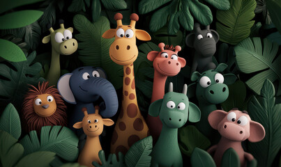 Charming Cartoon Jungle Animals Amidst Lush Foliage
