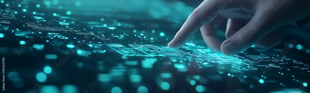Poster a hand interacts with glowing digital interfaces, showcasing a futuristic technology theme with vibr