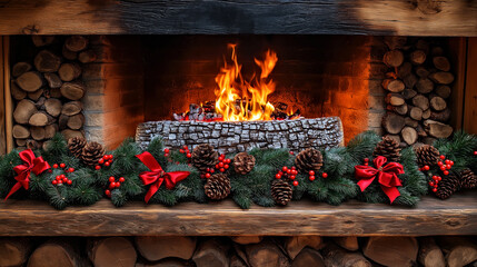 Festive Fireplace with Burning Yule Log and Holiday Decorations Creating Cozy Christmas Ambiance.Yule Log Tradition