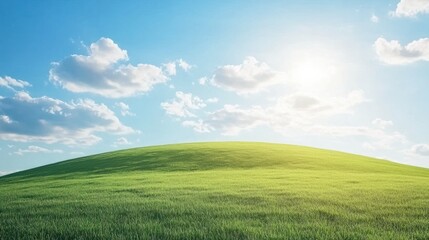 Fototapeta premium A serene landscape featuring a grassy hill under a clear blue sky with fluffy clouds.