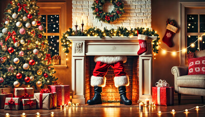 Santa Stuck in the Chimney. Festive Christmas Scene with Humor