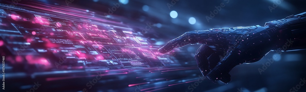 Poster a futuristic hand interacts with glowing digital elements, representing the fusion of technology and