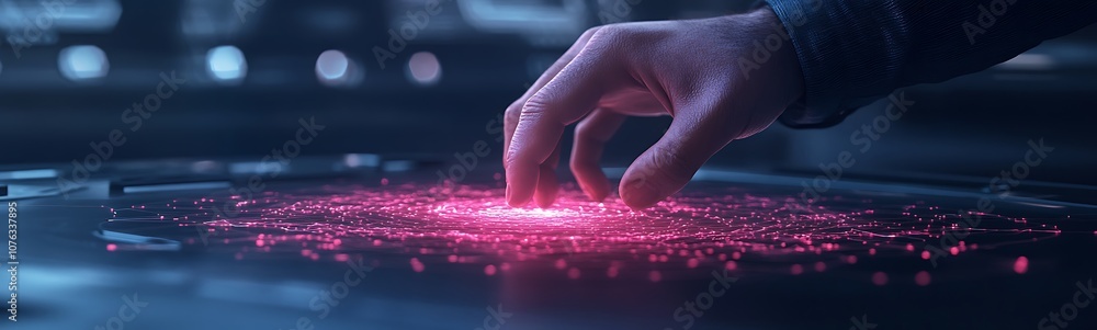 Poster a hand touches a glowing, pink holographic interface, pulsing with light in a futuristic setting, su