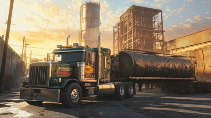 A large truck with a tank trailer parked near an industrial site at sunset.