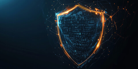 Digital Shield with Flowing Binary Code and Glowing Network Connections Cybersecurity Concept