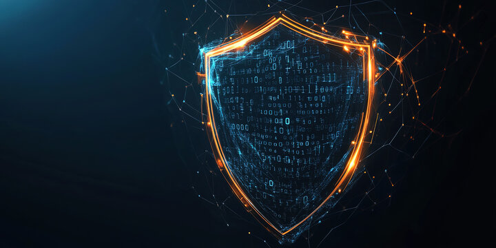 Digital Shield with Flowing Binary Code and Glowing Network Connections Cybersecurity Concept