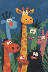 Naklejka premium Whimsical Jungle Animals Illustration: Playful Cartoon Characters in a Tropical Setting