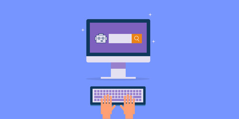 People using AI search engine, innovative technology concept, hand typing on keyboard, search bar with ai chatbot on pc screen, vector illustration.