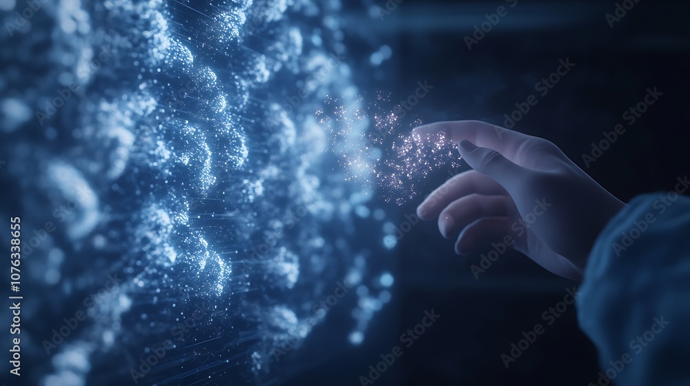 Aufkleber A hand reaches out to interact with sparkling digital particles against a dark backdrop, suggesting a connection between humanity and technology.