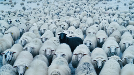 Obraz premium A surreal black sheep standing among an endless flock of white sheep with heads down and eyes closed, symbolizing individuality, purity, and contemplation amidst a vast crowd of identical beings.