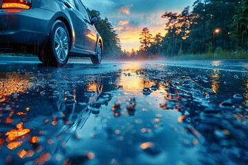 Rainy Sunset Drive - Reflection of a Car on Wet Road at Dusk