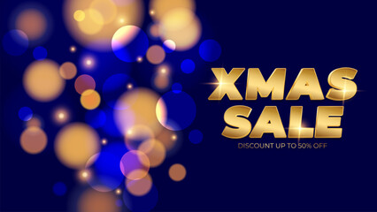 Xmas Sale banner. Christmas commercial background for shopping activities and holiday sales promotion. Bright bokeh lights. Vector illustration.