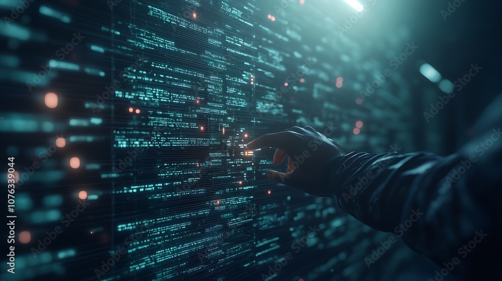 Aufkleber A person interacts with a digital display of code, highlighting technology and data in a futuristic environment.