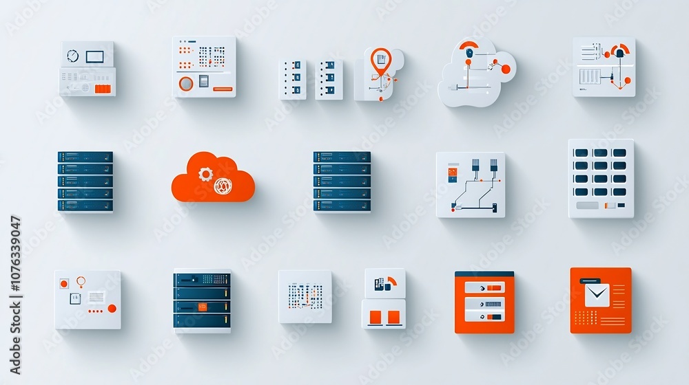 Aufkleber Minimalist of Data Hosting Services Icons Including Servers Virtual Clouds and Database Connections on a Clean White Background