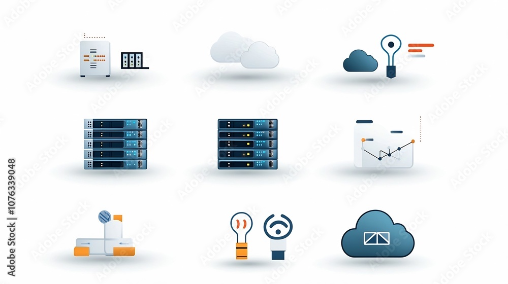 Poster Comprehensive collection of icons representing various data hosting services including servers virtual clouds and database connections presented in a clean