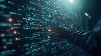A person interacts with a digital display of code, highlighting technology and data in a futuristic environment.