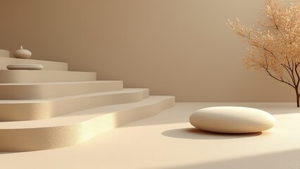 A minimalist approach with smooth sand tones and gentle curves, suggesting tranquility and meditation