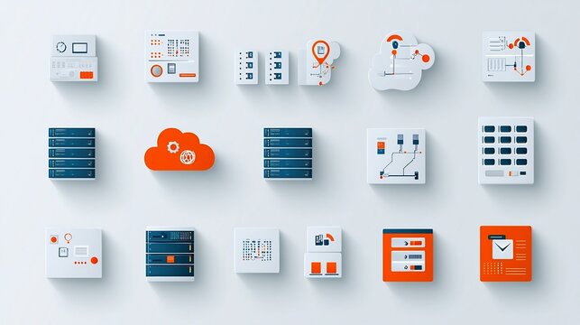 Minimalist of Data Hosting Services Icons Including Servers Virtual Clouds and Database Connections on a Clean White Background