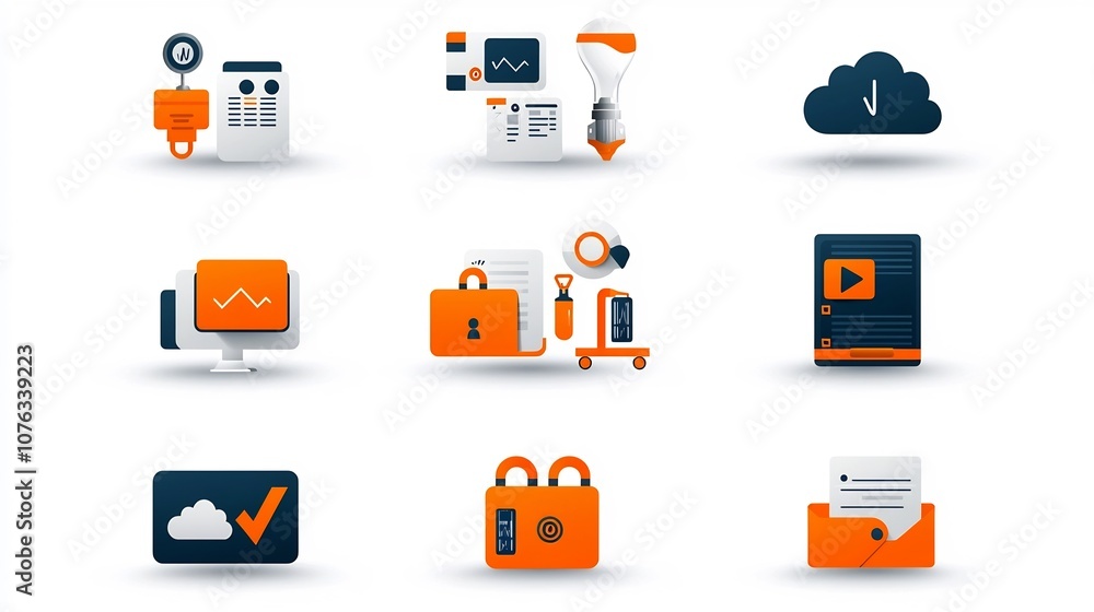 Aufkleber showcasing simple designs of cloud data backup real time data exchange and disaster recovery software features on a white background  These icons represent the technology security