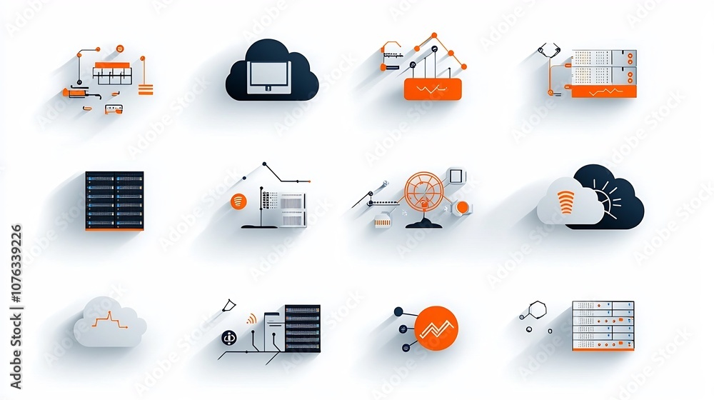 Poster icons representing scalable cloud infrastructure with server clusters cloud storage and load balancing concepts on a white background