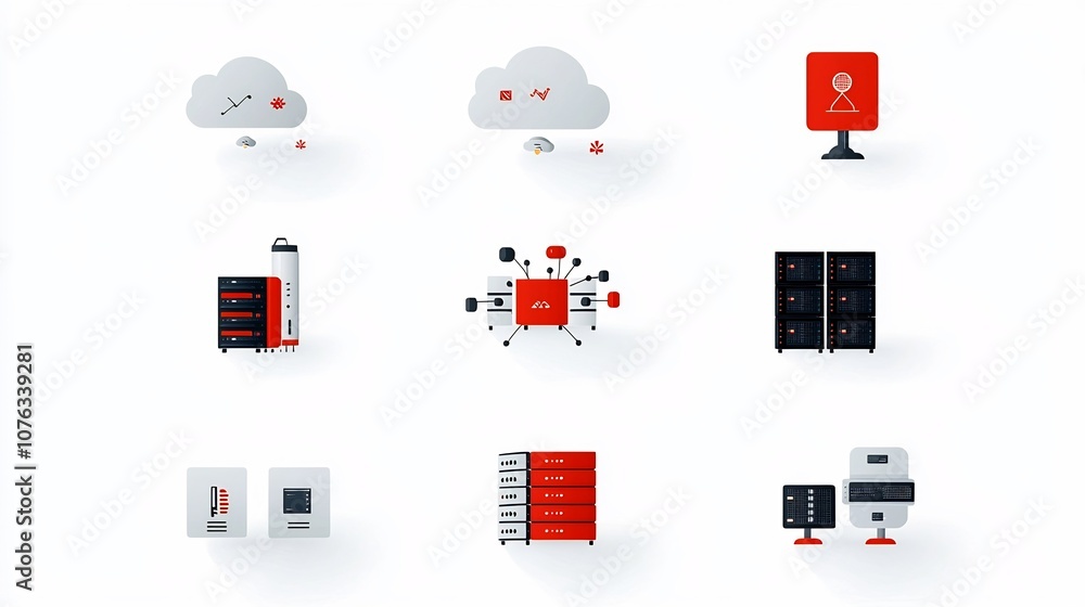 Poster Scalable Cloud Infrastructure Icons Representing Server Clusters Storage and Load Balancing Concepts on a White Background  of Digital Transformation Enterprise IT Solutions and Innovative Technology