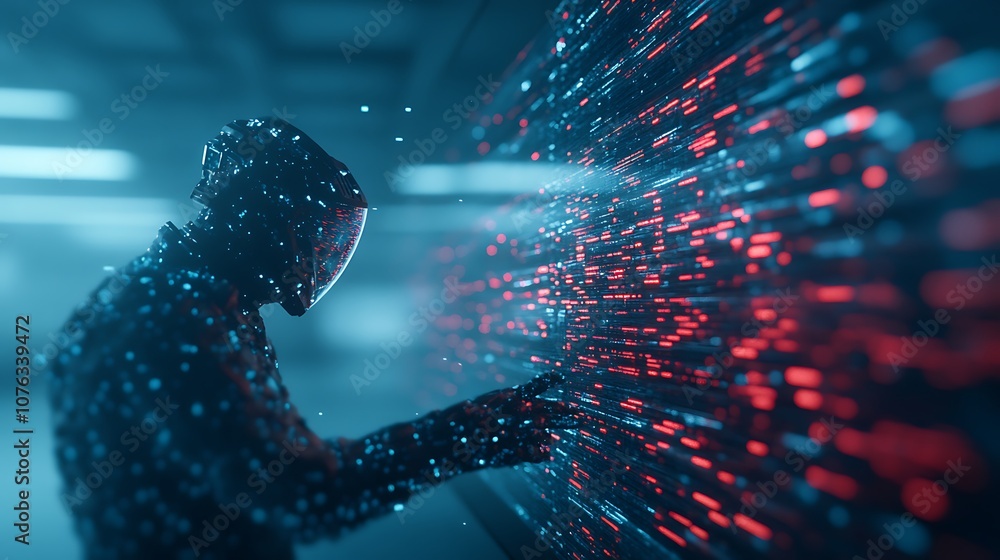 Poster A silhouette interacts with a vibrant digital display, showcasing data streams in red and blue, creating a futuristic, tech-inspired atmosphere.