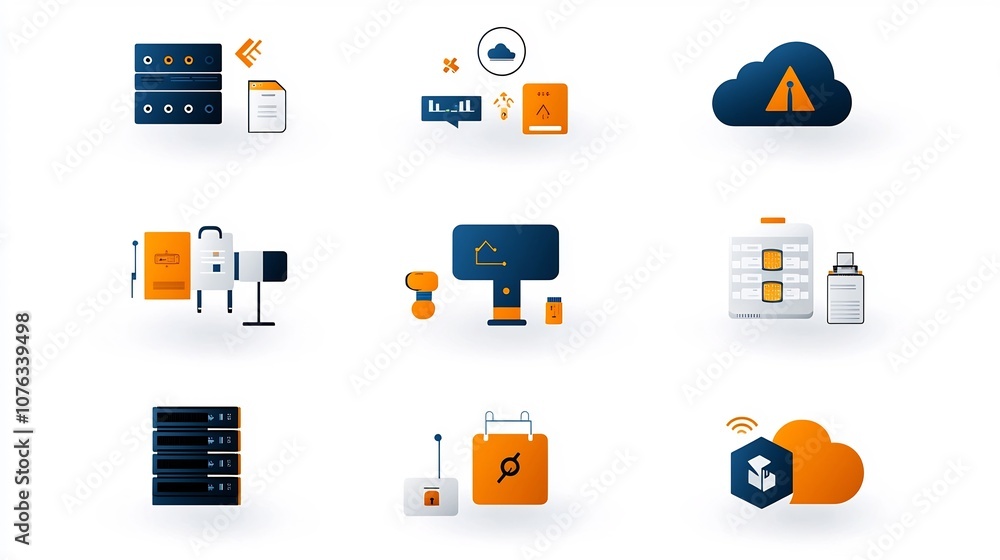 Poster Hybrid Cloud Services Icons Showcasing Private and Public Cloud Server Access and Network Protection Features  on a White Background Depicting Technology and Computing Connectivity Solutions