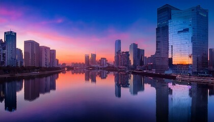 Fototapeta premium A sleek city skyline at dawn, with reflective glass buildings and a soft gradient sky