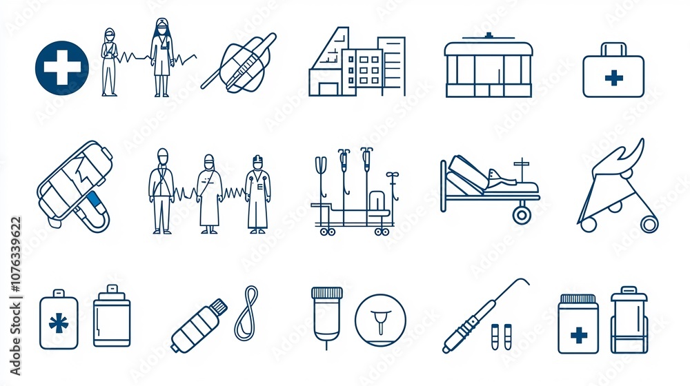 Poster comprehensive collection of line icons depicting various aspects of the healthcare sector including 