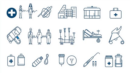 Comprehensive collection of line icons depicting various aspects of the healthcare sector including hospitals medical staff and first aid kits