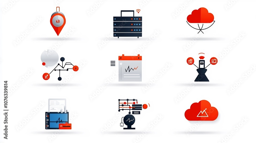 Fototapete of various icons representing virtual hosting cloud based application services and network monitoring tools in a style on a white background  The set includes icons for technology software internet