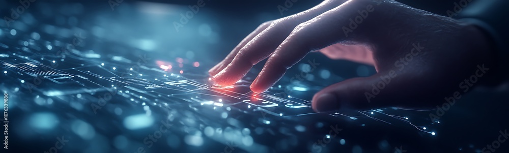 Poster A hand gently touches a luminous digital surface filled with intricate patterns of light, symbolizing technology and connectivity.