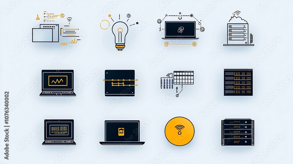 Poster Minimalist line icons on a clean white background depicting the essential elements of the technology sector including laptops servers and coding symbols