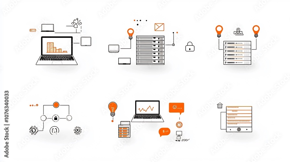 Poster A comprehensive set of technological icons showcasing the key elements and concepts within the digital landscape including laptops servers coding symbols